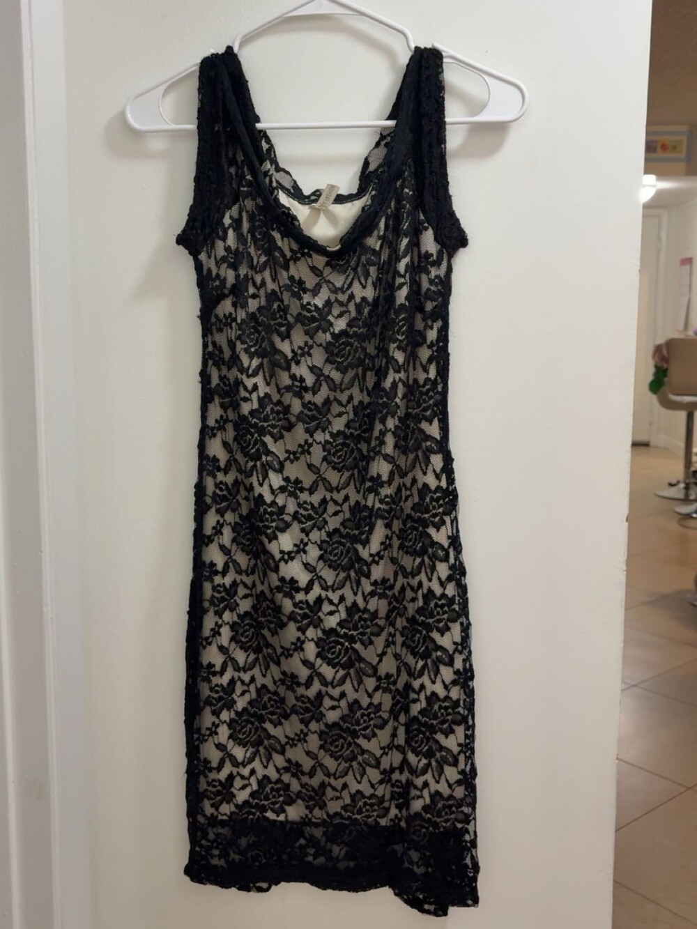 AIA Fashion Black Floral Lace Over a Neutral/Cream Lining, L